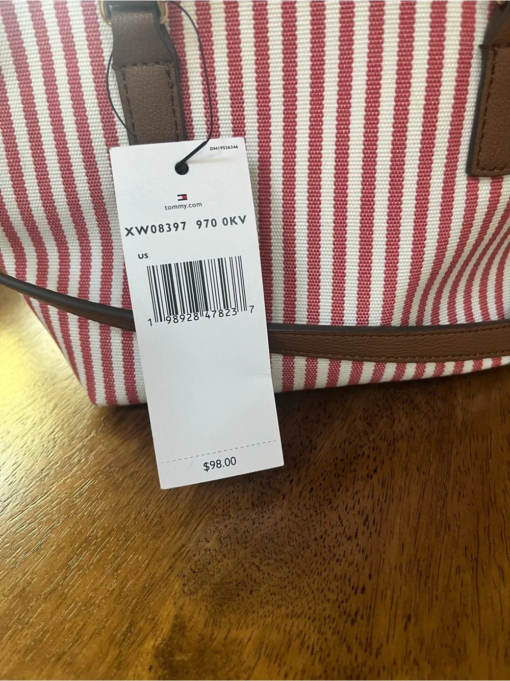 Tommy Hilfiger Red & White Striped Satchel with Brown Trim